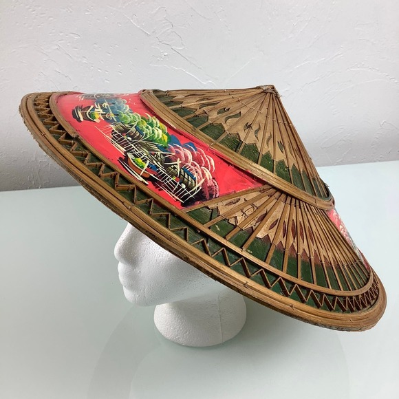 VTG Asian Wicker Bamboo Hat hand painted Gardening Beach Field Handmade SZ OSFM - Picture 1 of 12